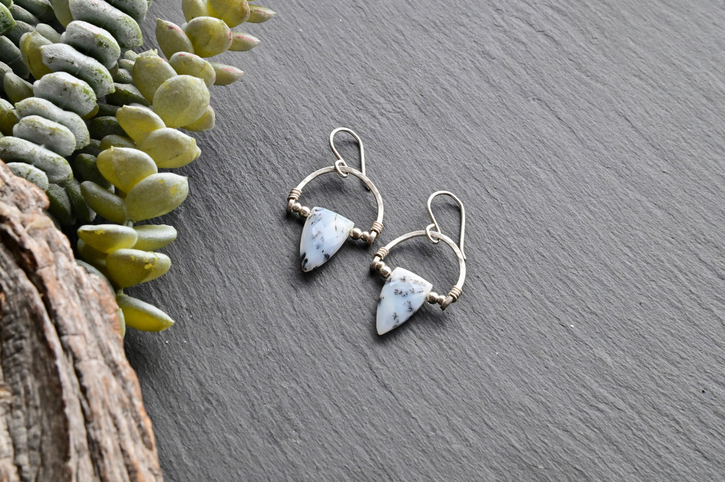Hammered Hoops: Dendrite Opal + Silver Earrings