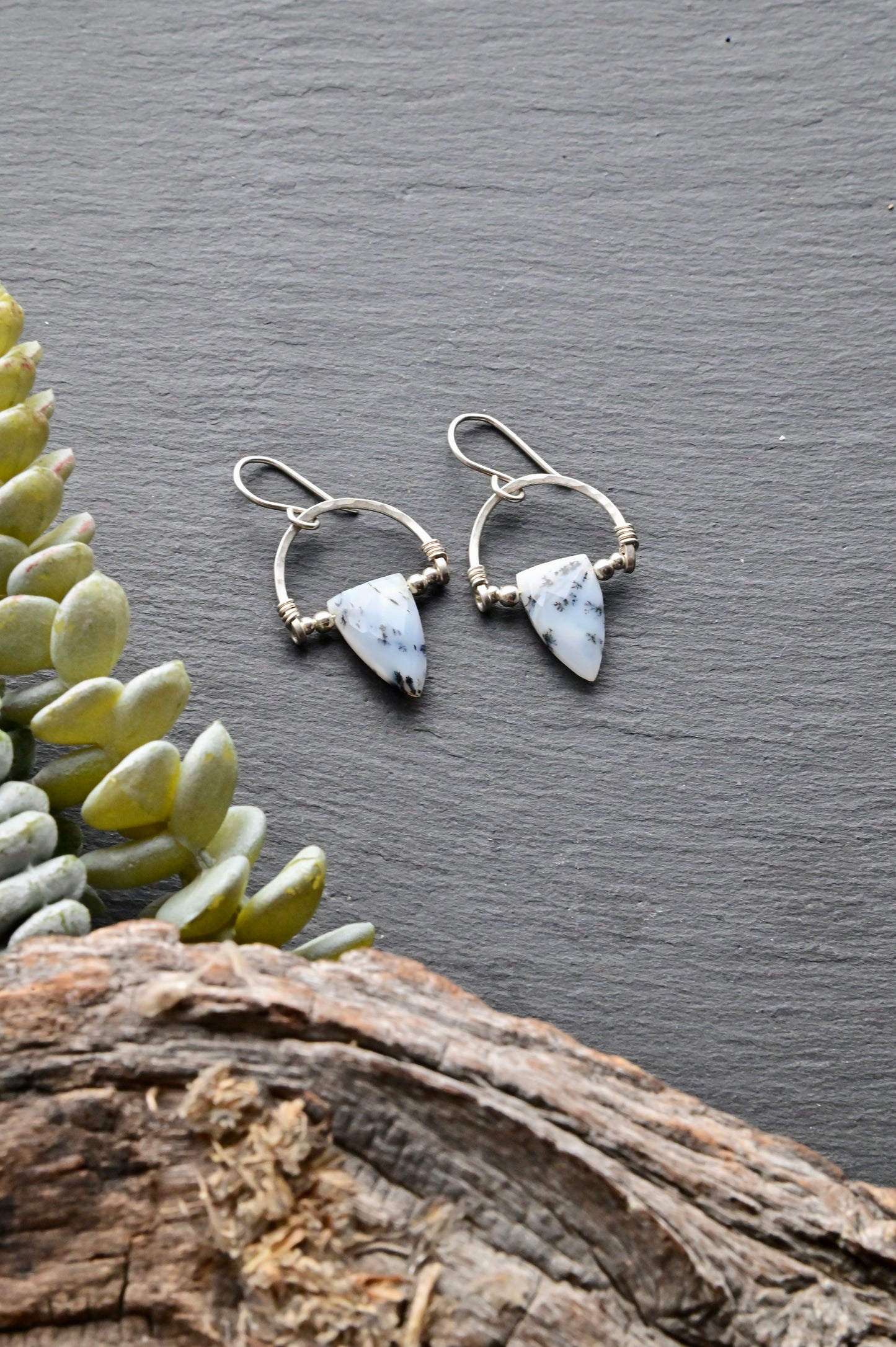 Hammered Hoops: Dendrite Opal + Silver Earrings