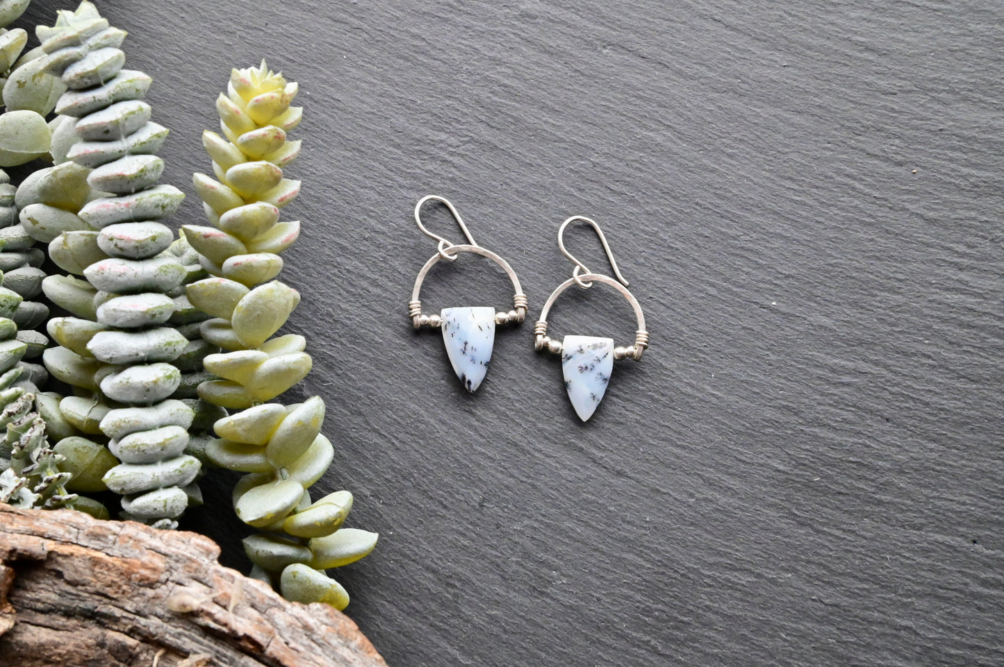 Hammered Hoops: Dendrite Opal + Silver Earrings
