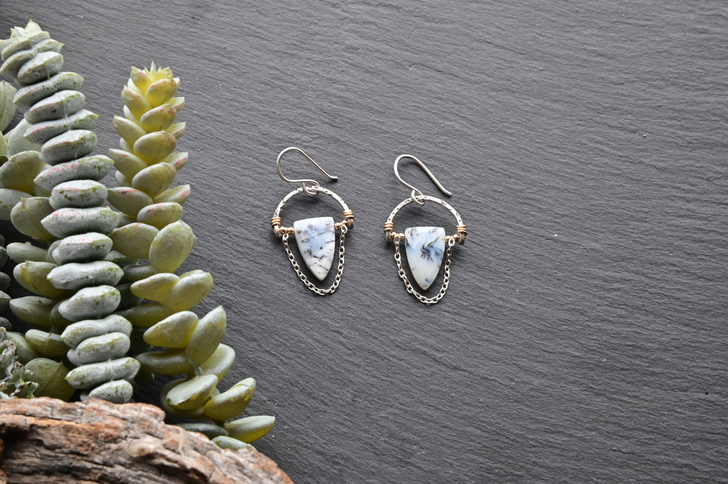 Hammered Hoops: Dendrite Opal + Mixed Metals Earrings