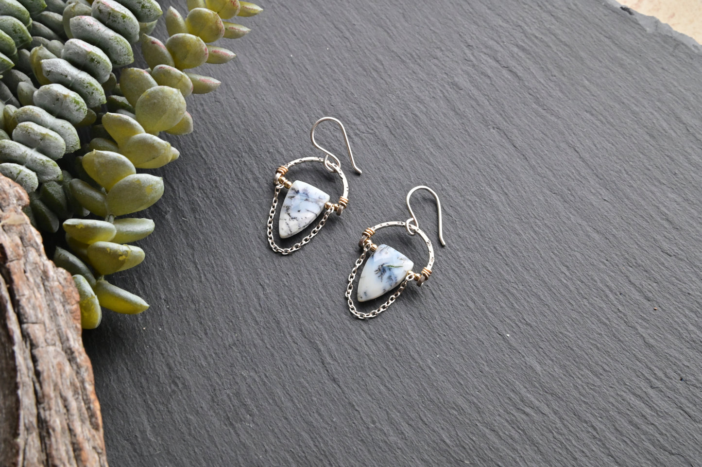 Hammered Hoops: Dendrite Opal + Mixed Metals Earrings