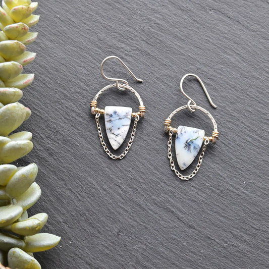Hammered Hoops: Dendrite Opal + Mixed Metals Earrings