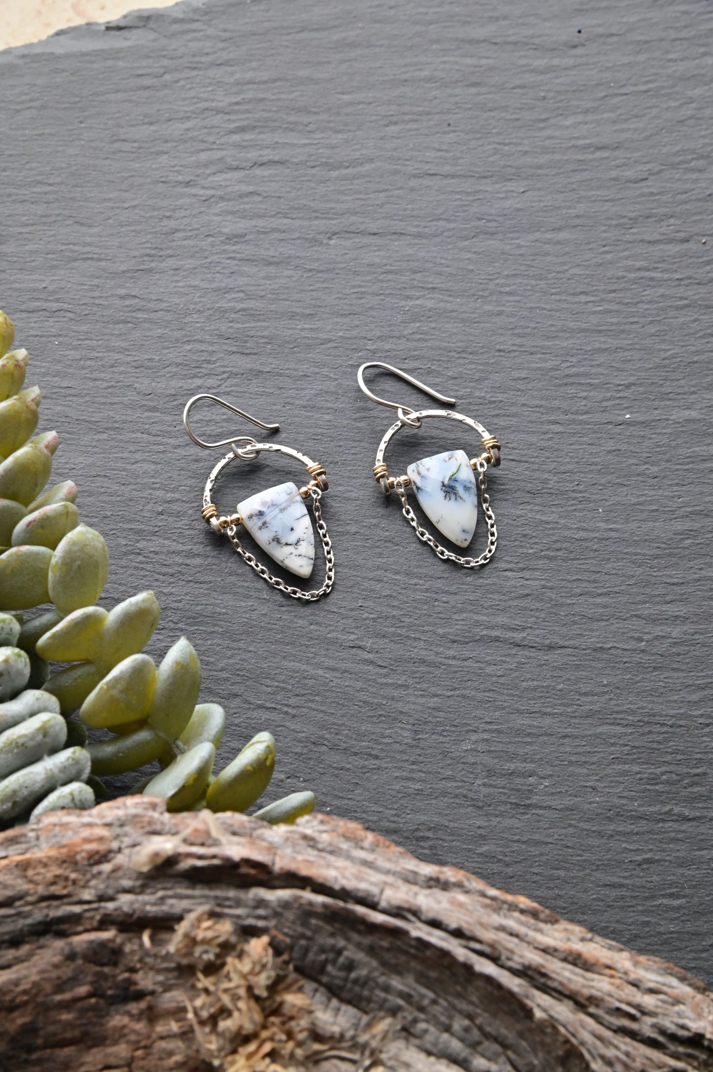 Hammered Hoops: Dendrite Opal + Mixed Metals Earrings
