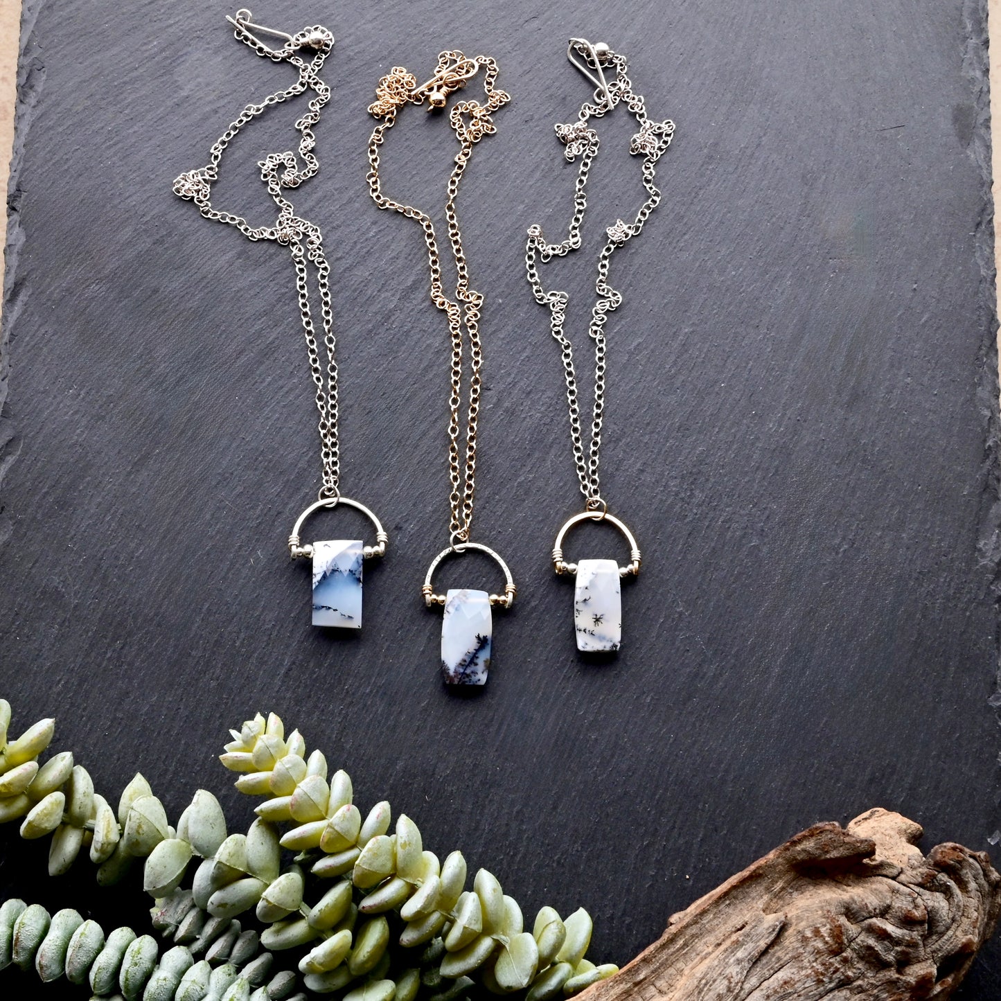Hammered Hoops: Dendrite Opal + Mixed Metals Necklaces