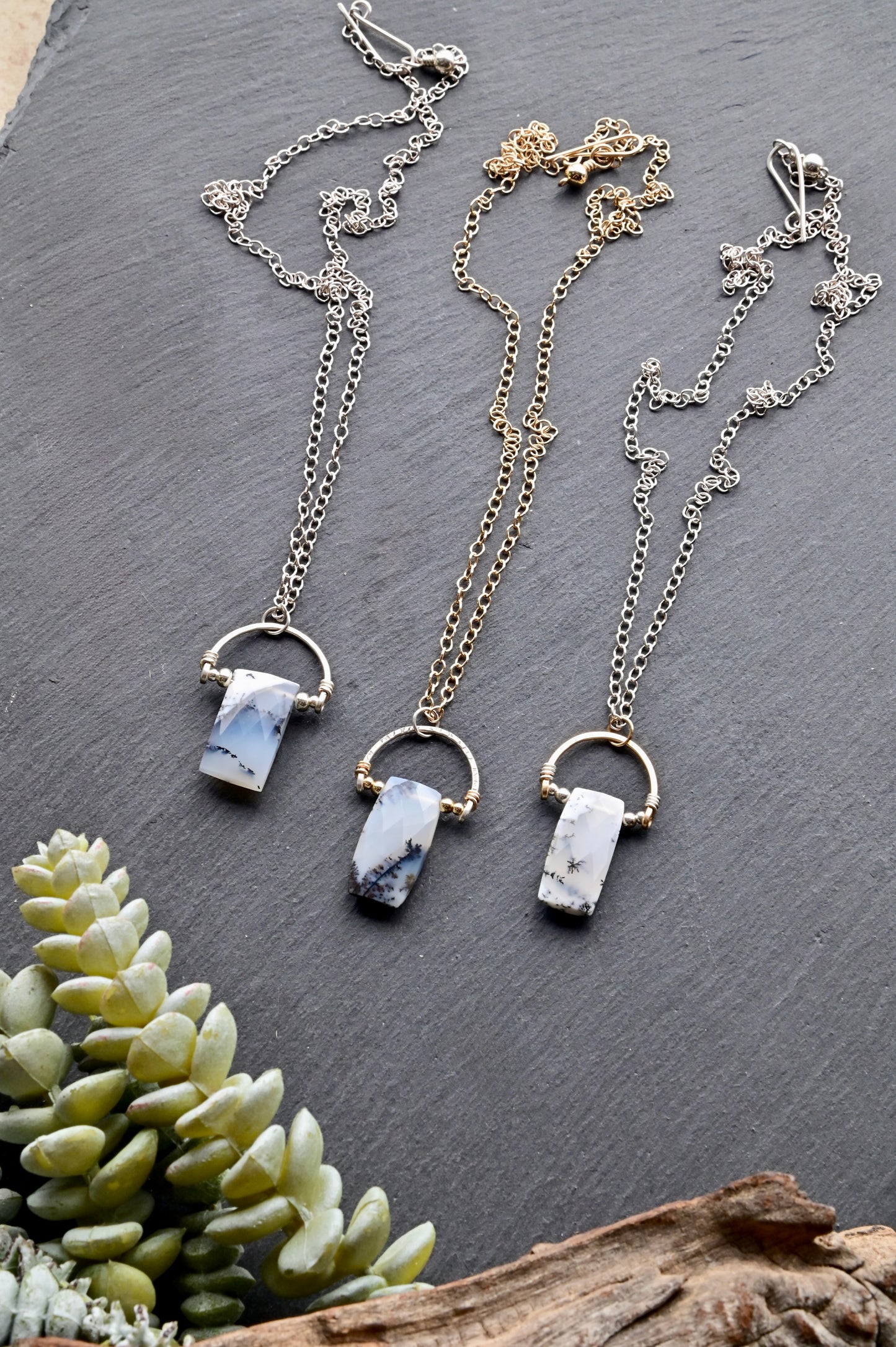 Hammered Hoops: Dendrite Opal + Mixed Metals Necklaces