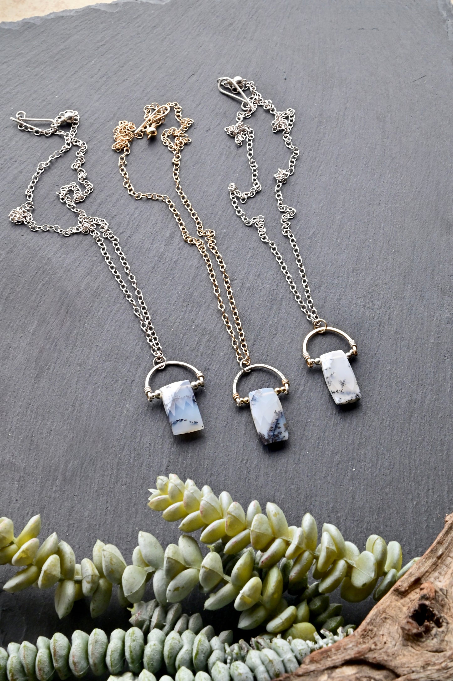 Hammered Hoops: Dendrite Opal + Mixed Metals Necklaces