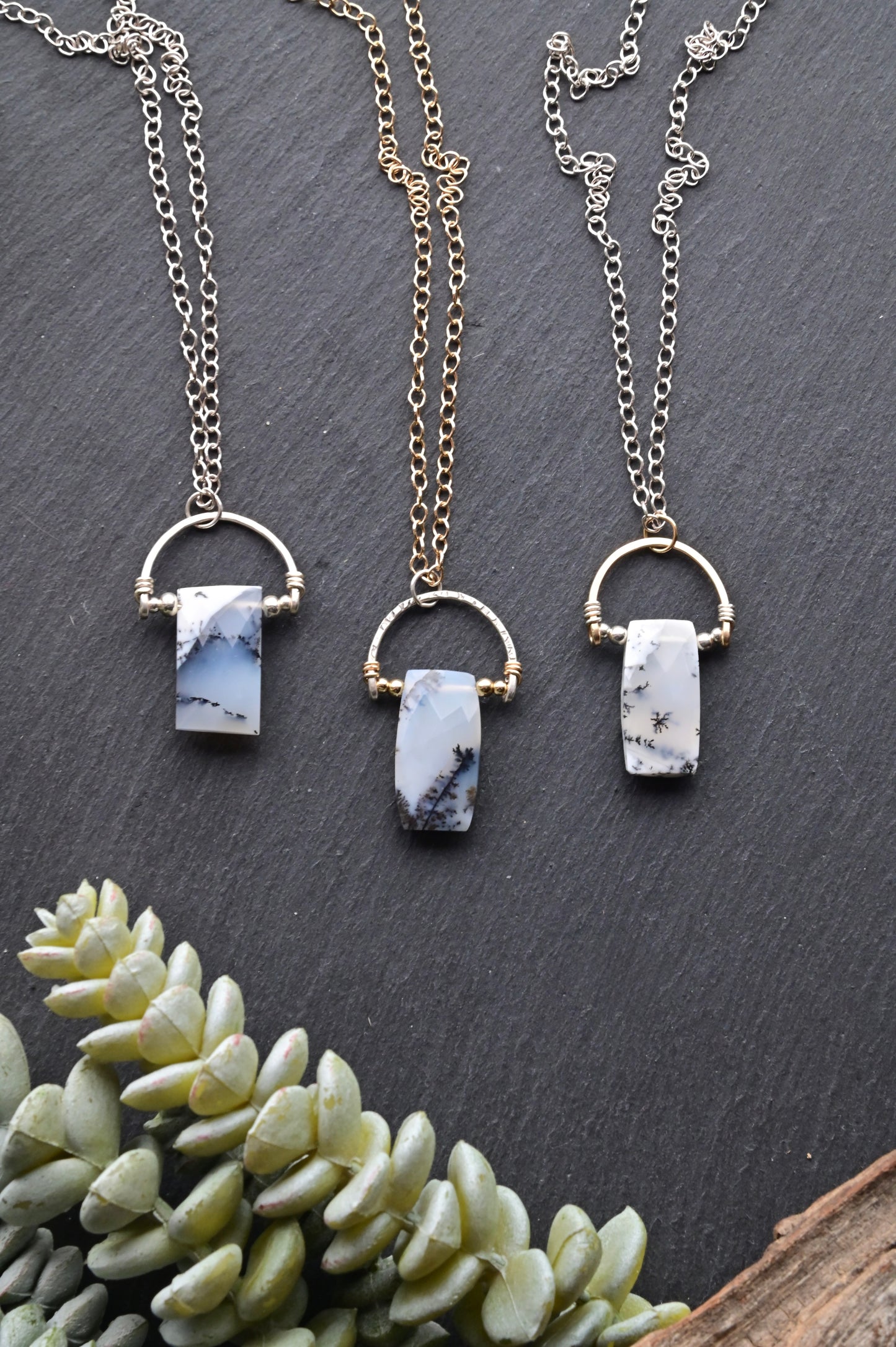 Hammered Hoops: Dendrite Opal + Mixed Metals Necklaces