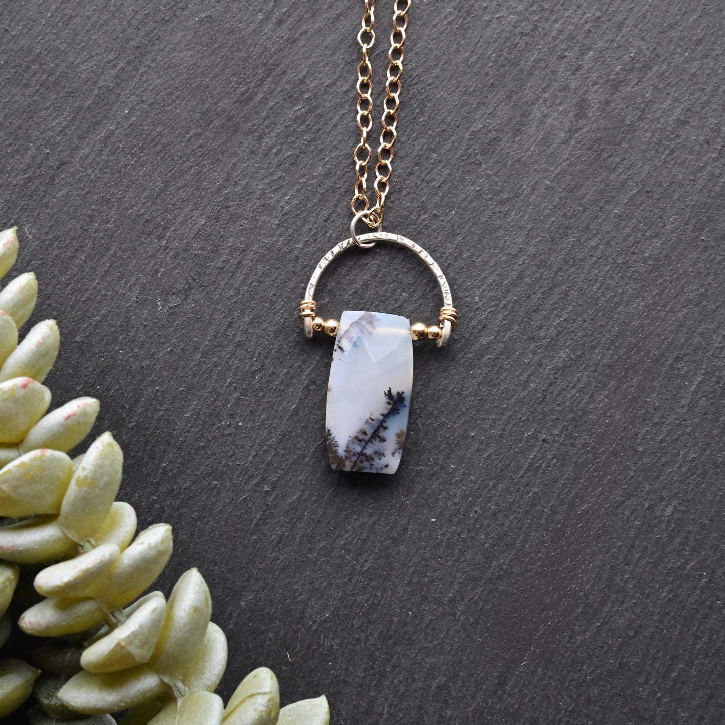 Hammered Hoops: Dendrite Opal + Mixed Metals Necklaces