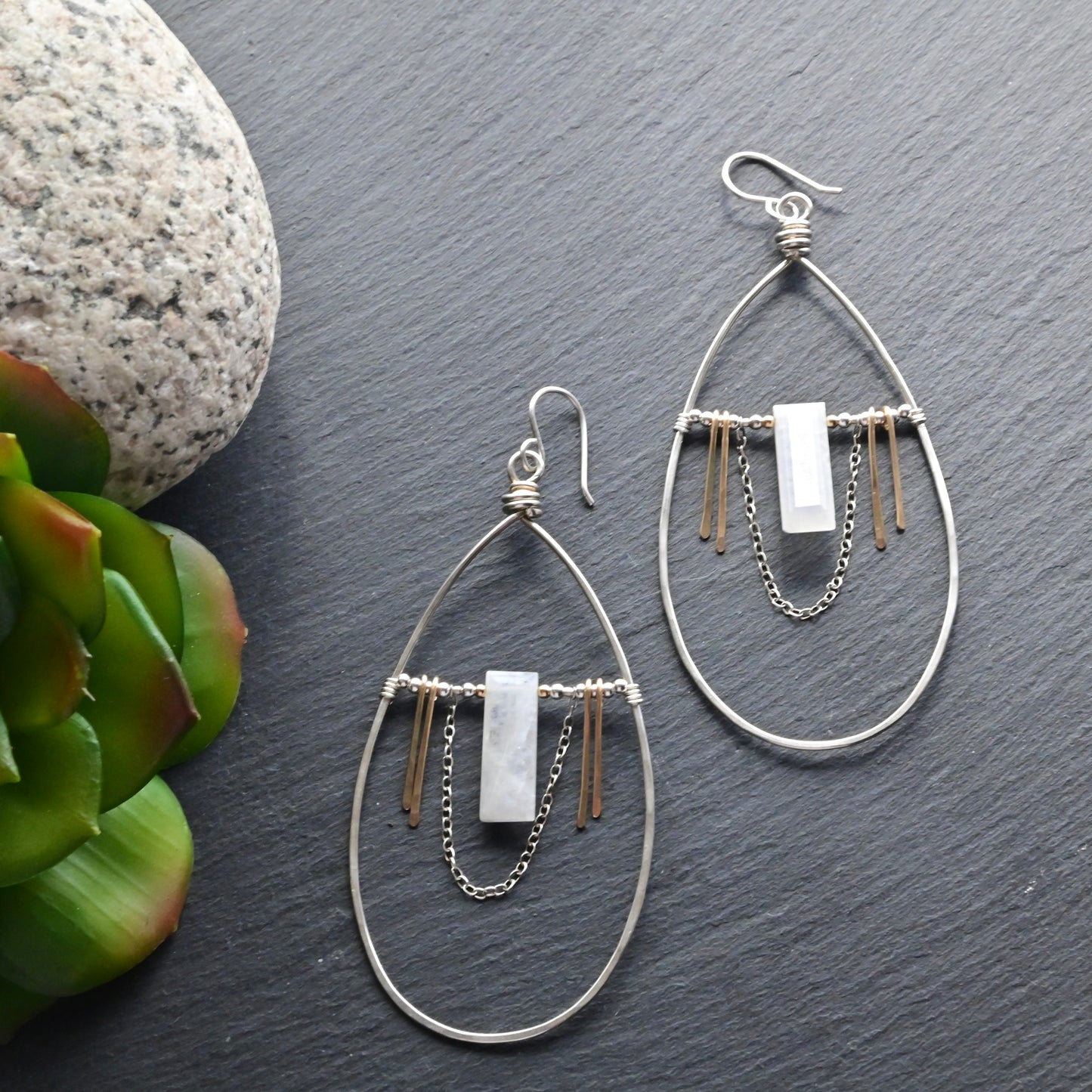 Hammered Hoops: Moonstone + Mixed Metals Earrings