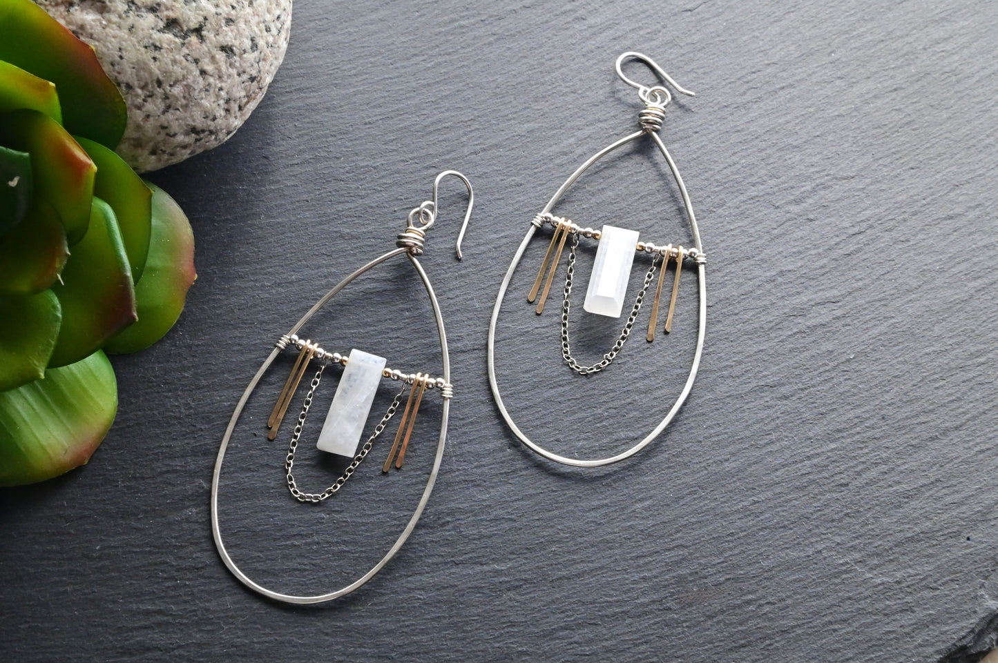 Hammered Hoops: Moonstone + Mixed Metals Earrings