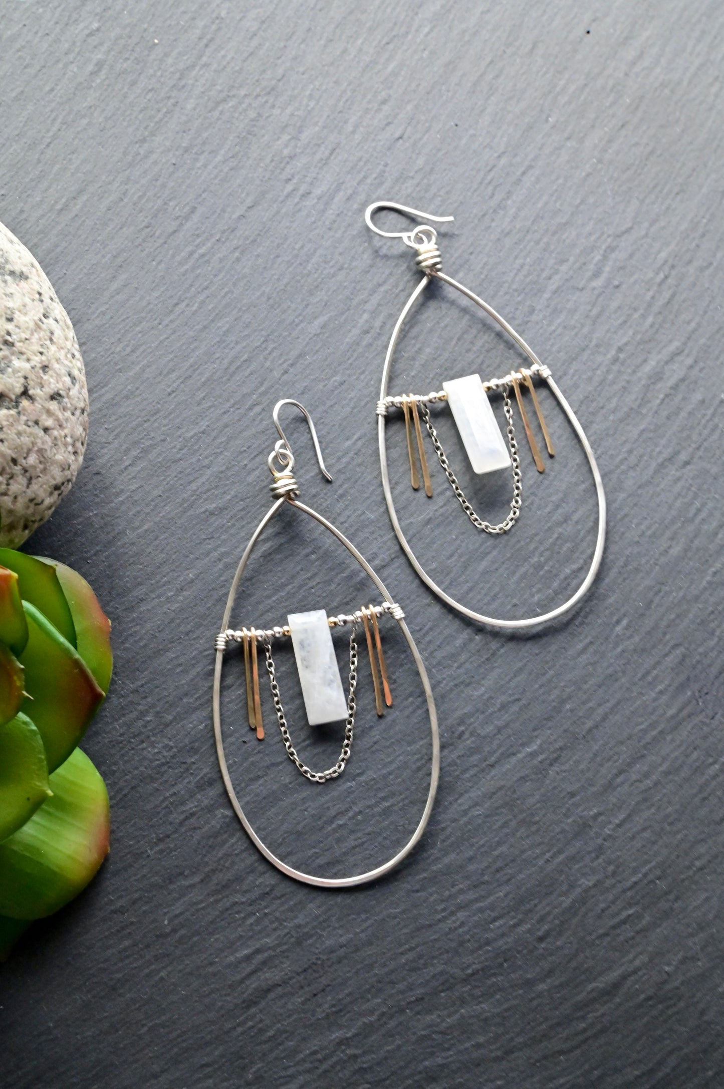 Hammered Hoops: Moonstone + Mixed Metals Earrings