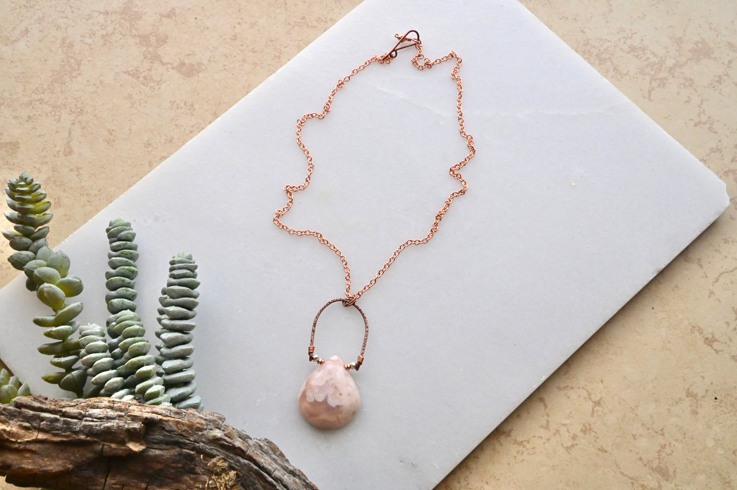 Hammered Hoops: Cherry Blossom Agate + Copper Necklace