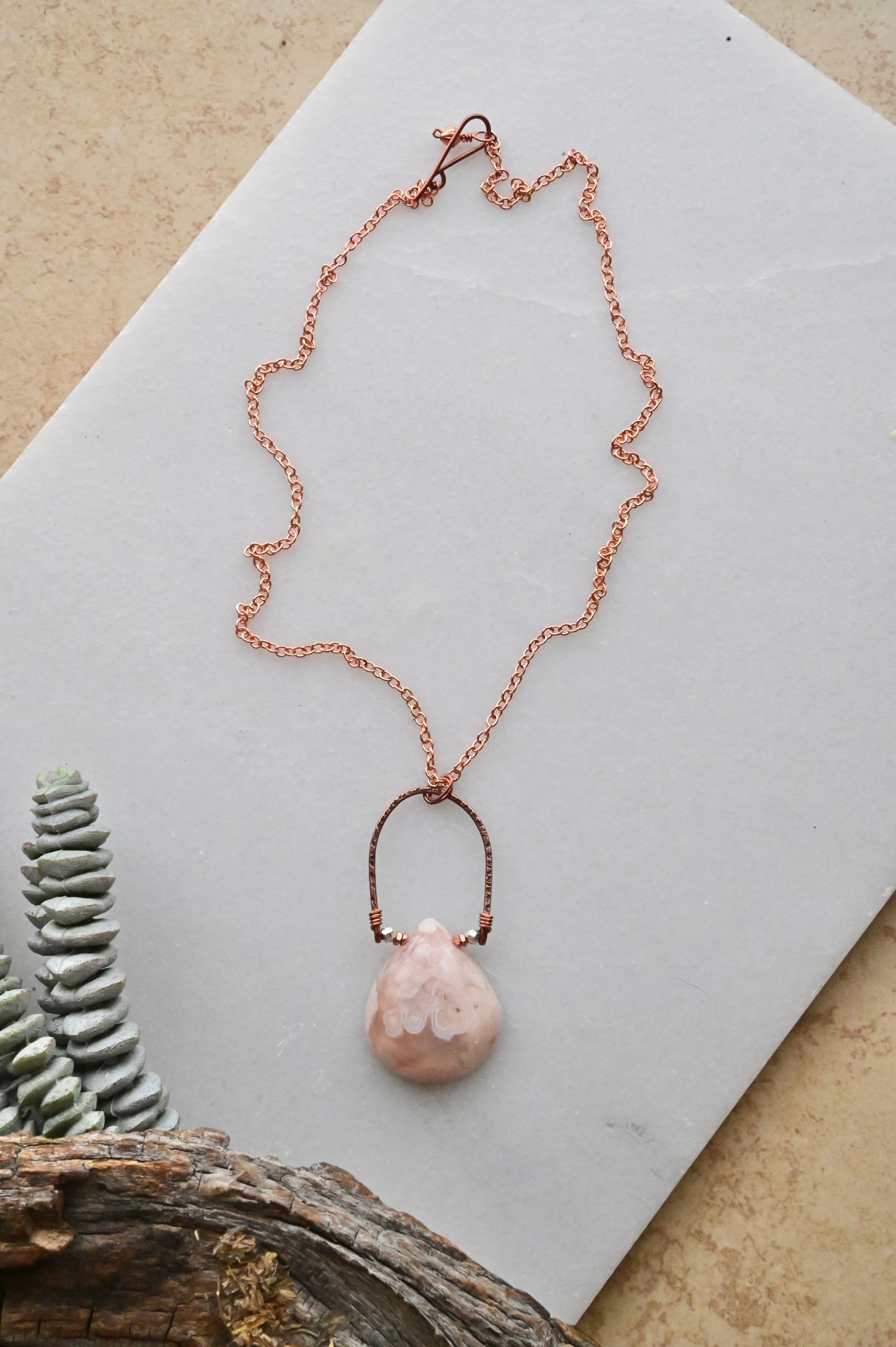 Hammered Hoops: Cherry Blossom Agate + Copper Necklace