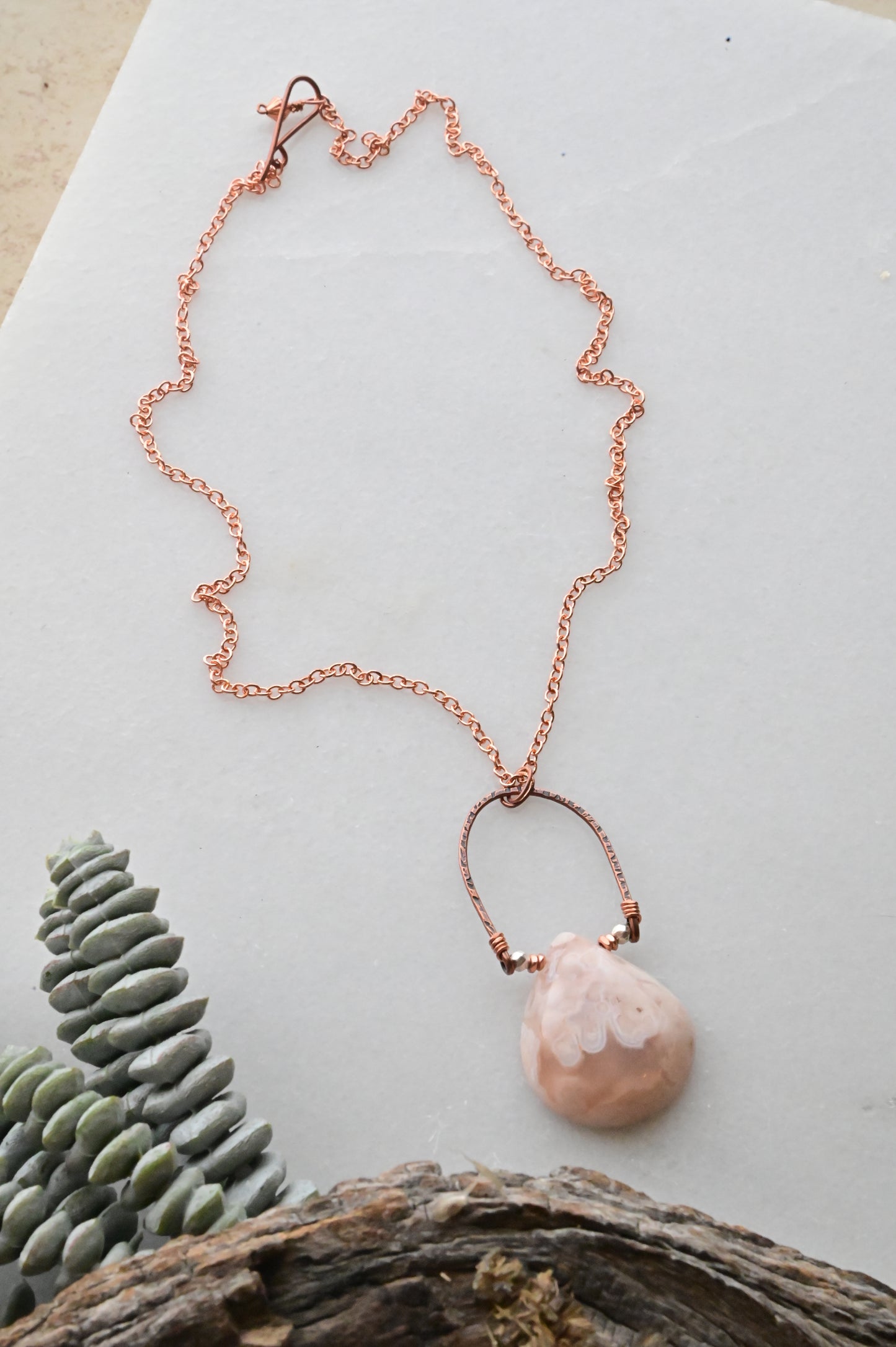 Hammered Hoops: Cherry Blossom Agate + Copper Necklace