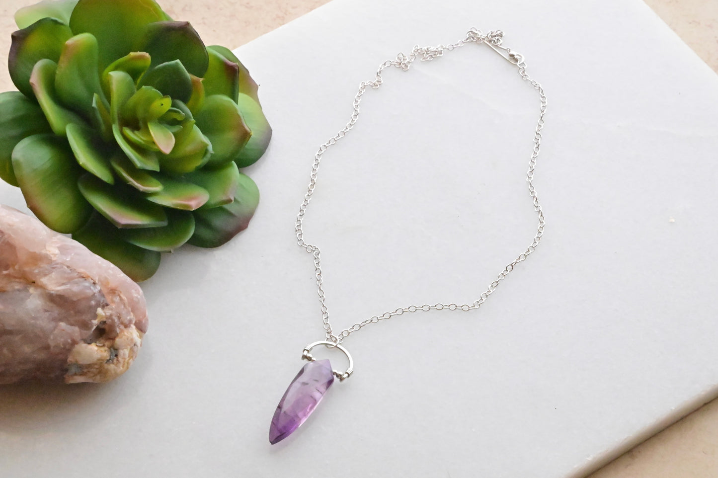 Hammered Hoops: Amethyst + Silver Pendant