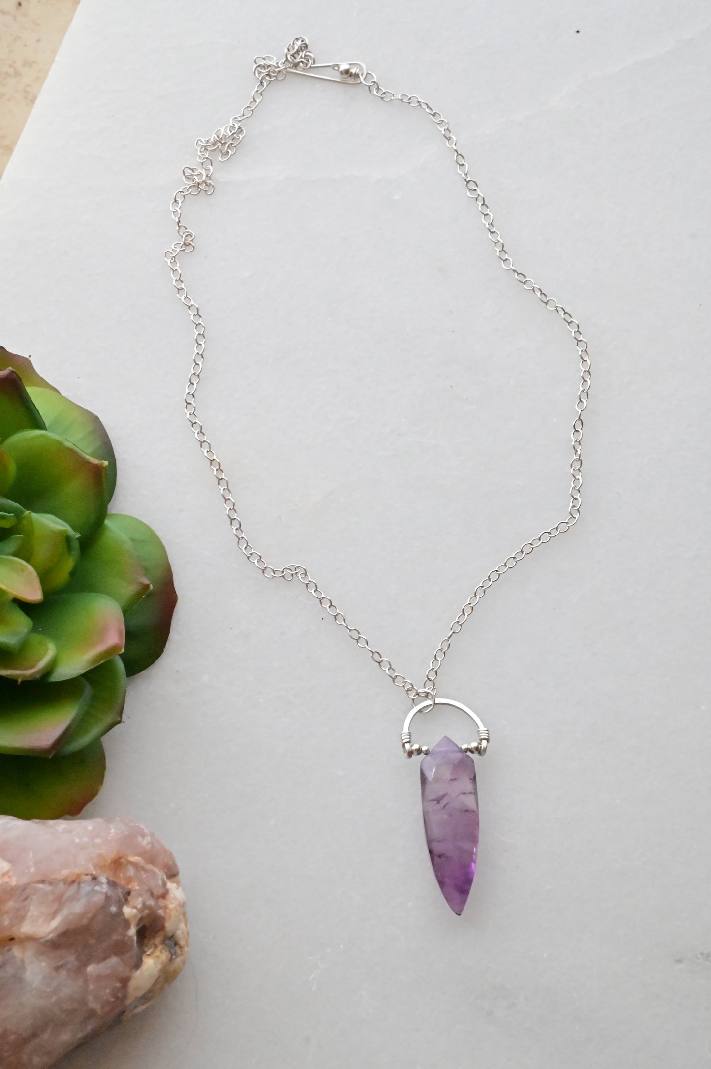 Hammered Hoops: Amethyst + Silver Pendant