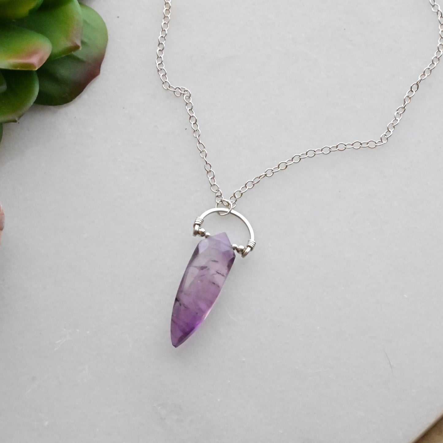 Hammered Hoops: Amethyst + Silver Pendant