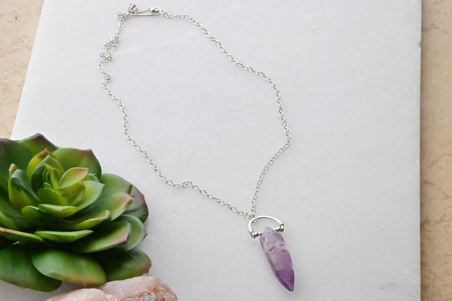 Hammered Hoops: Amethyst + Silver Pendant