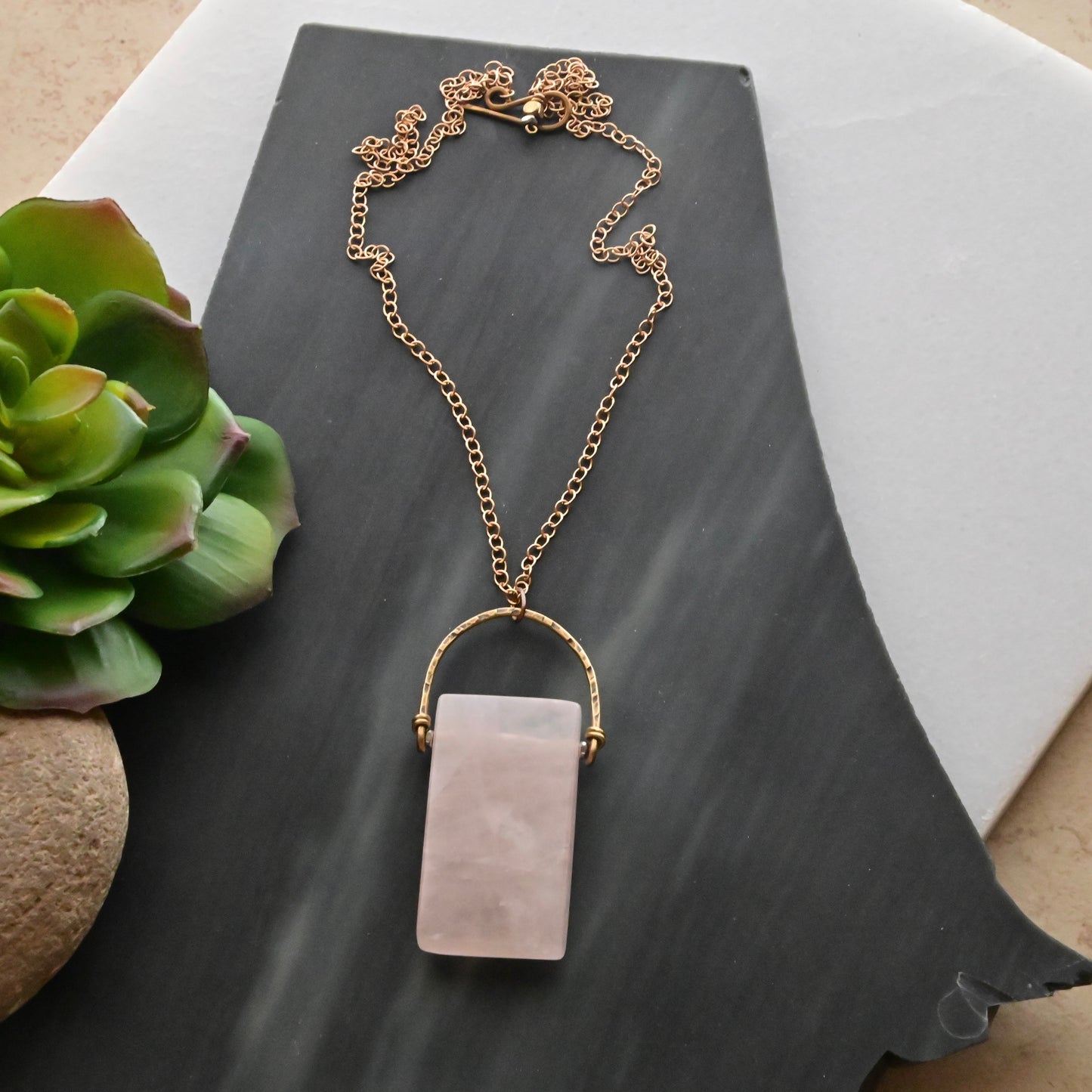 Hammered Hoops: Rose Quartz + Brass necklace