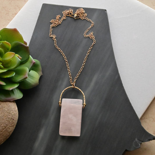 Hammered Hoops: Rose Quartz + Brass necklace