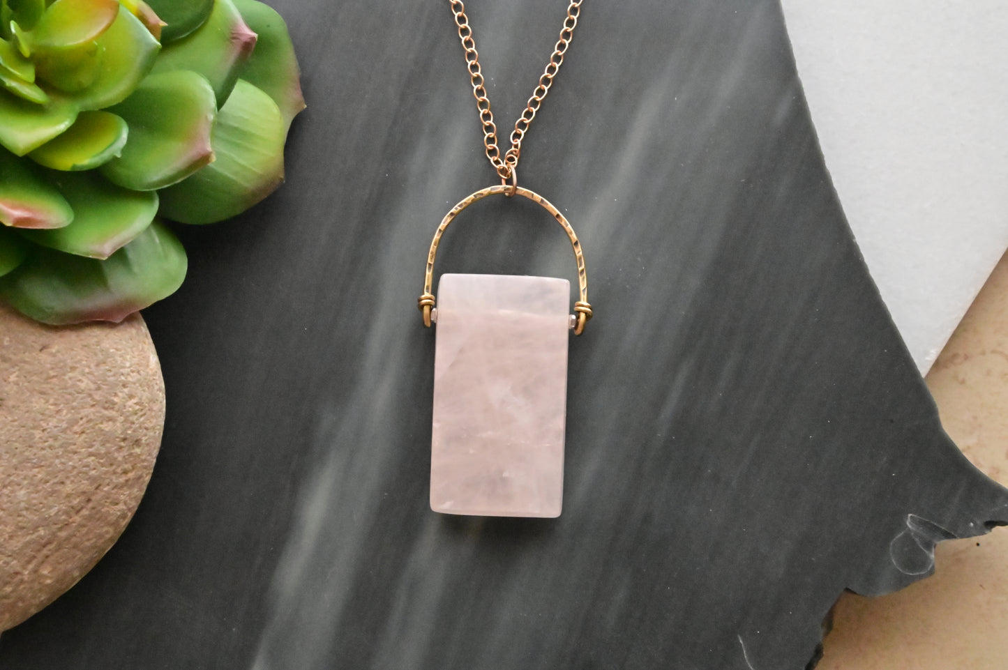 Hammered Hoops: Rose Quartz + Brass necklace