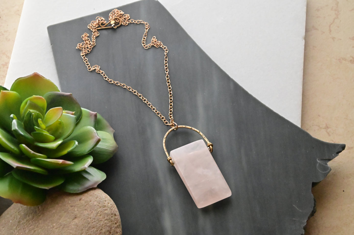 Hammered Hoops: Rose Quartz + Brass necklace