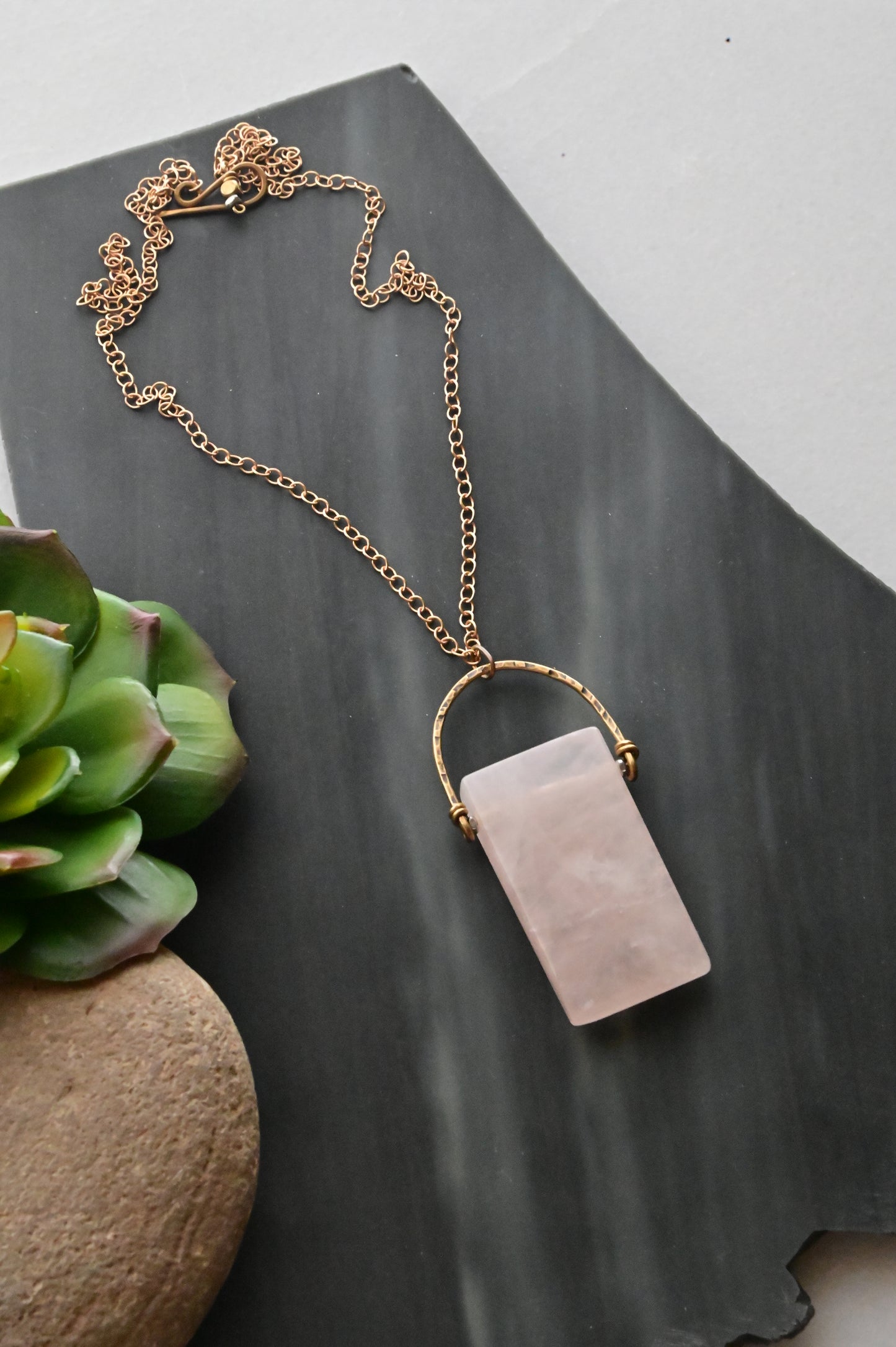 Hammered Hoops: Rose Quartz + Brass necklace