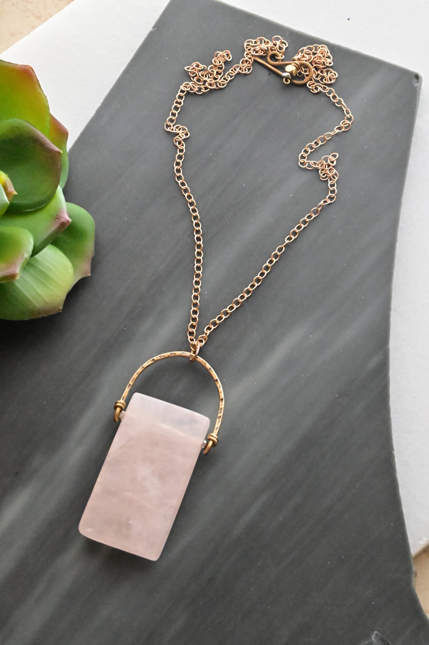 Hammered Hoops: Rose Quartz + Brass necklace