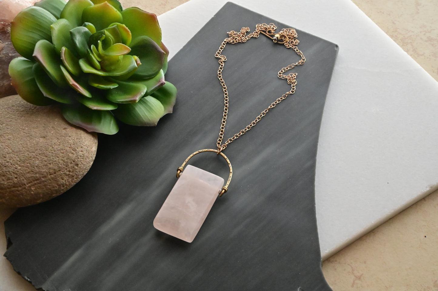 Hammered Hoops: Rose Quartz + Brass necklace