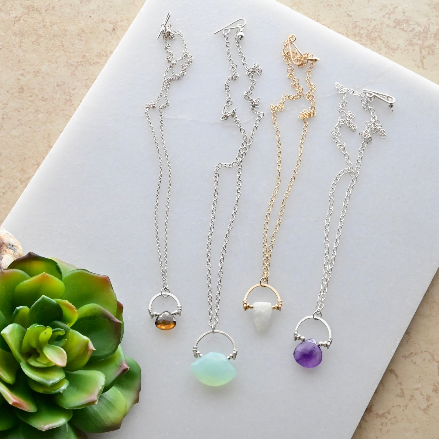 Hammered Hoops: Chalcedony + Silver Pendant