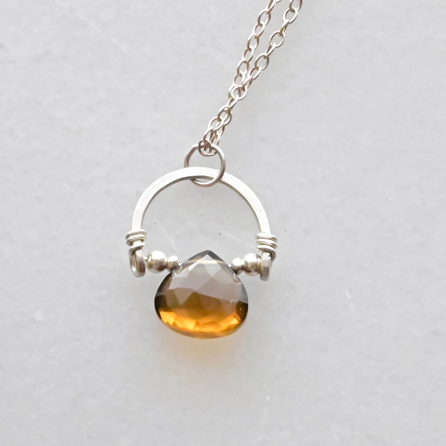 Hammered Hoops: Cognac Quartz + Silver Pendant