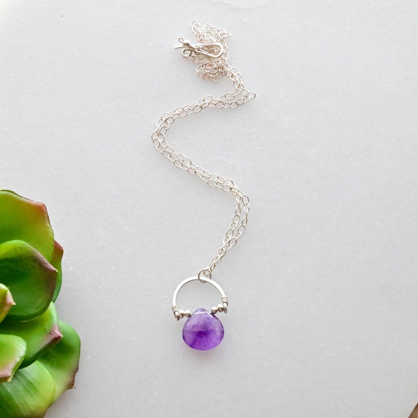 Hammered Hoops: Amethyst + Silver Pendant