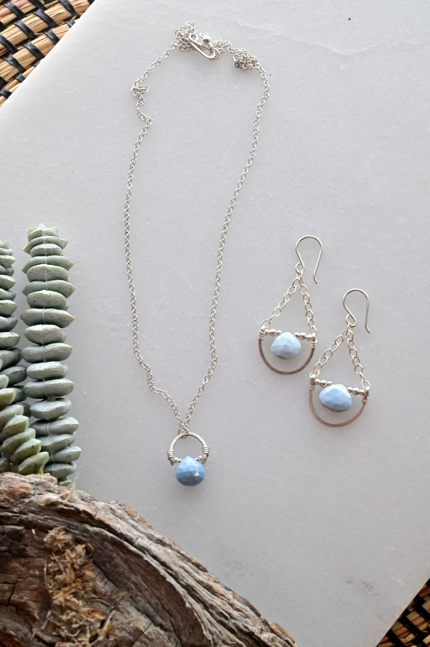 Hammered Hoops: Blue Opal + Silver Earrings + Pendant