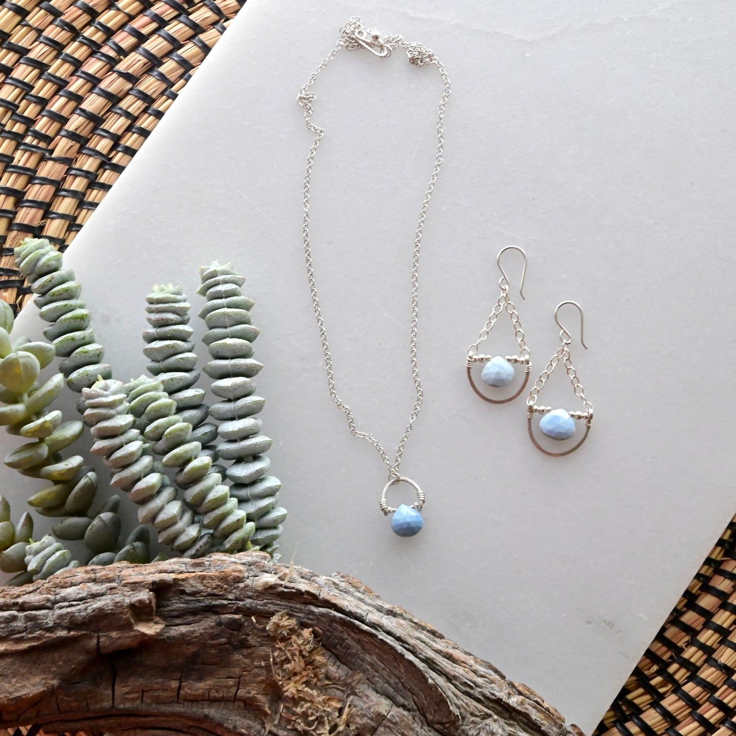 Hammered Hoops: Blue Opal + Silver Earrings + Pendant