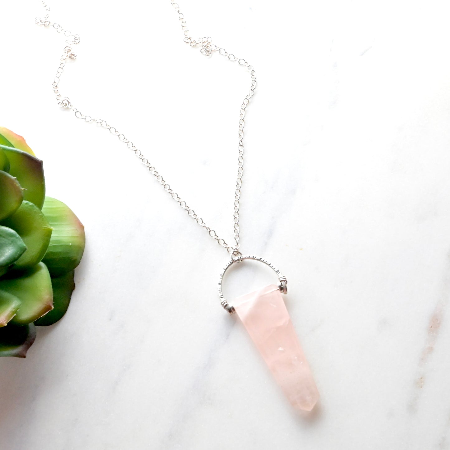 Hammered Hoops: Rose Quartz + Silver Pendant
