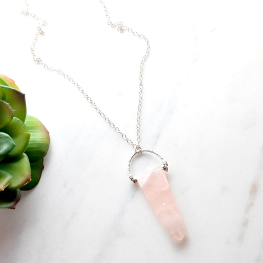 Hammered Hoops: Rose Quartz + Silver Pendant