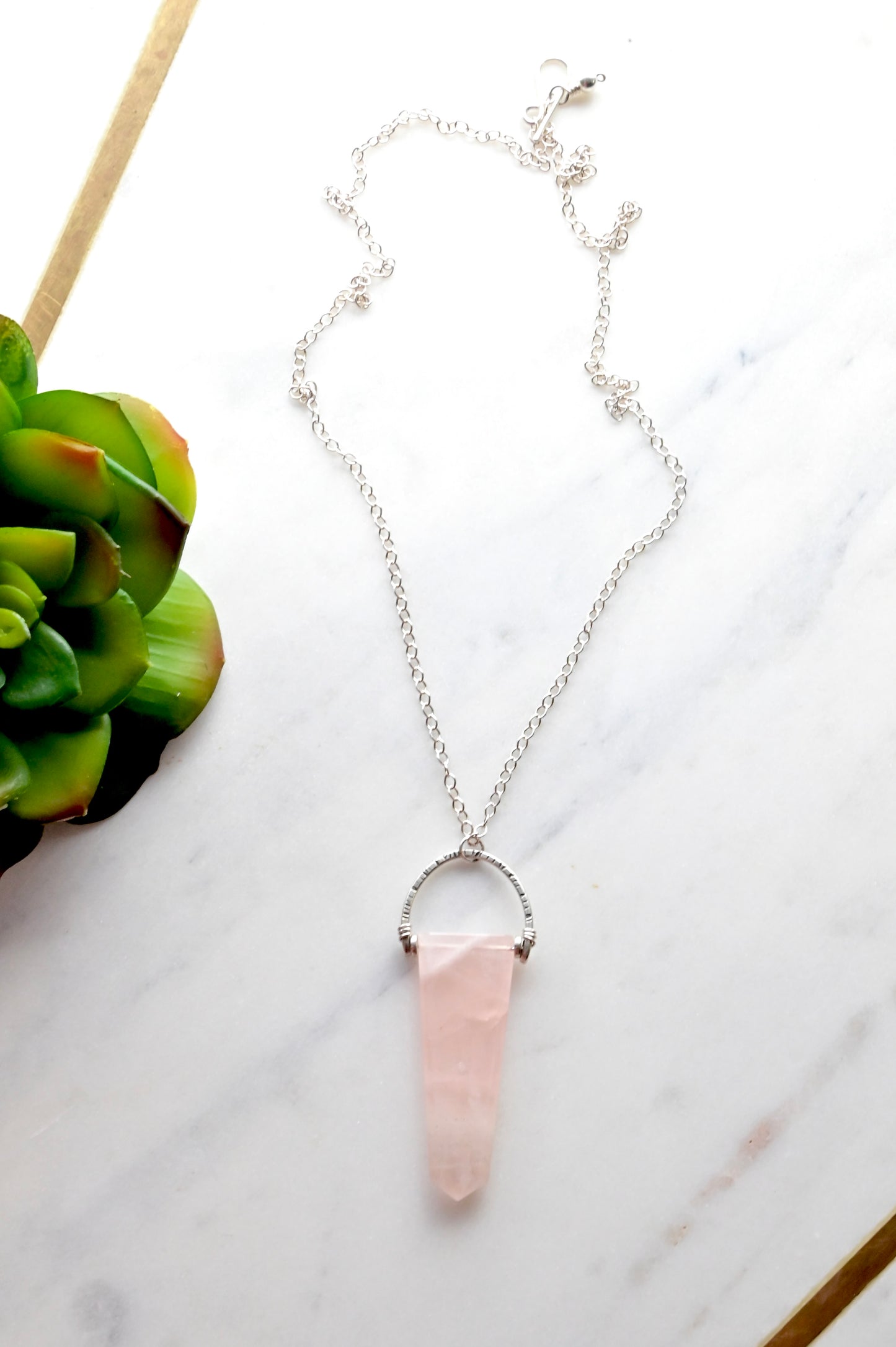 Hammered Hoops: Rose Quartz + Silver Pendant