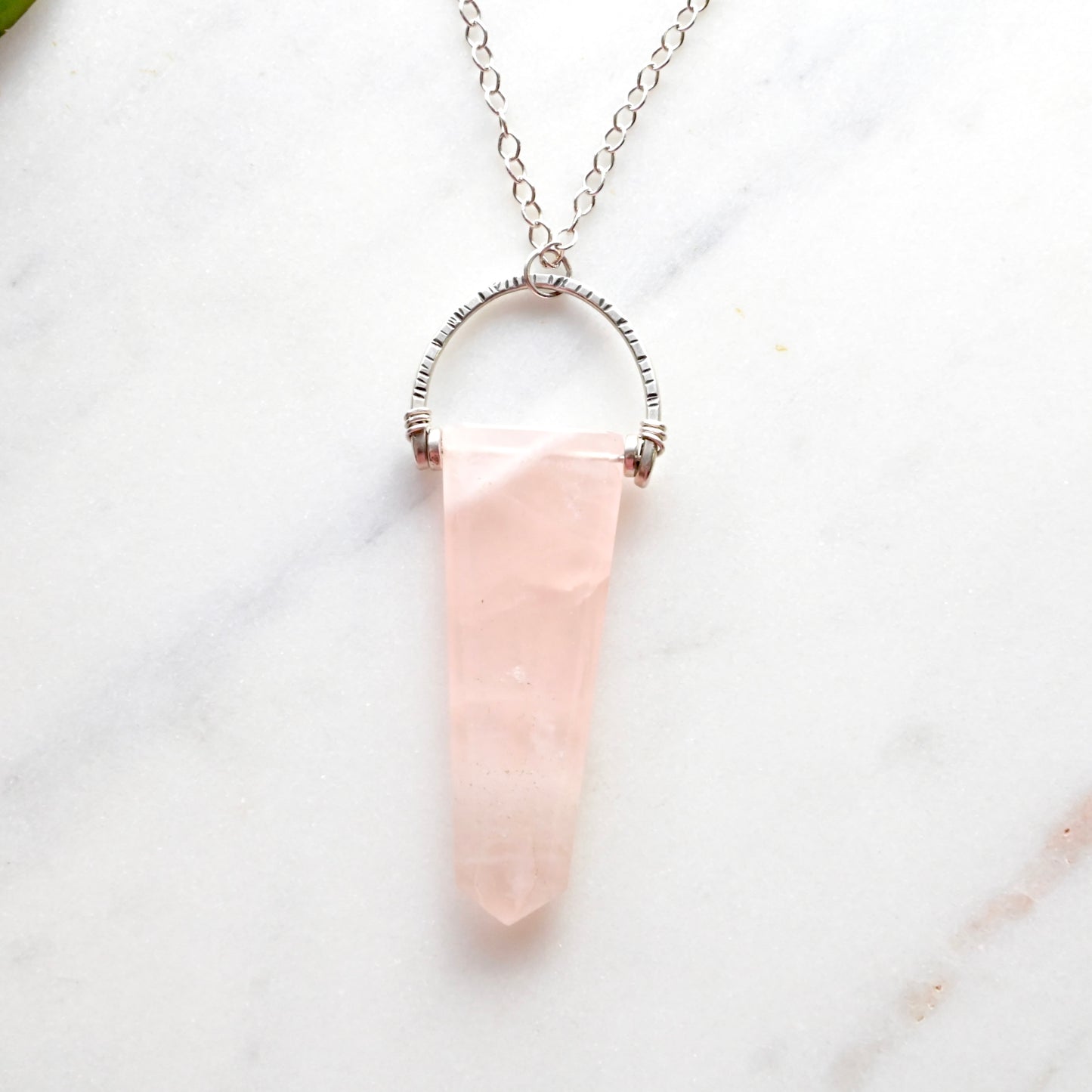 Hammered Hoops: Rose Quartz + Silver Pendant