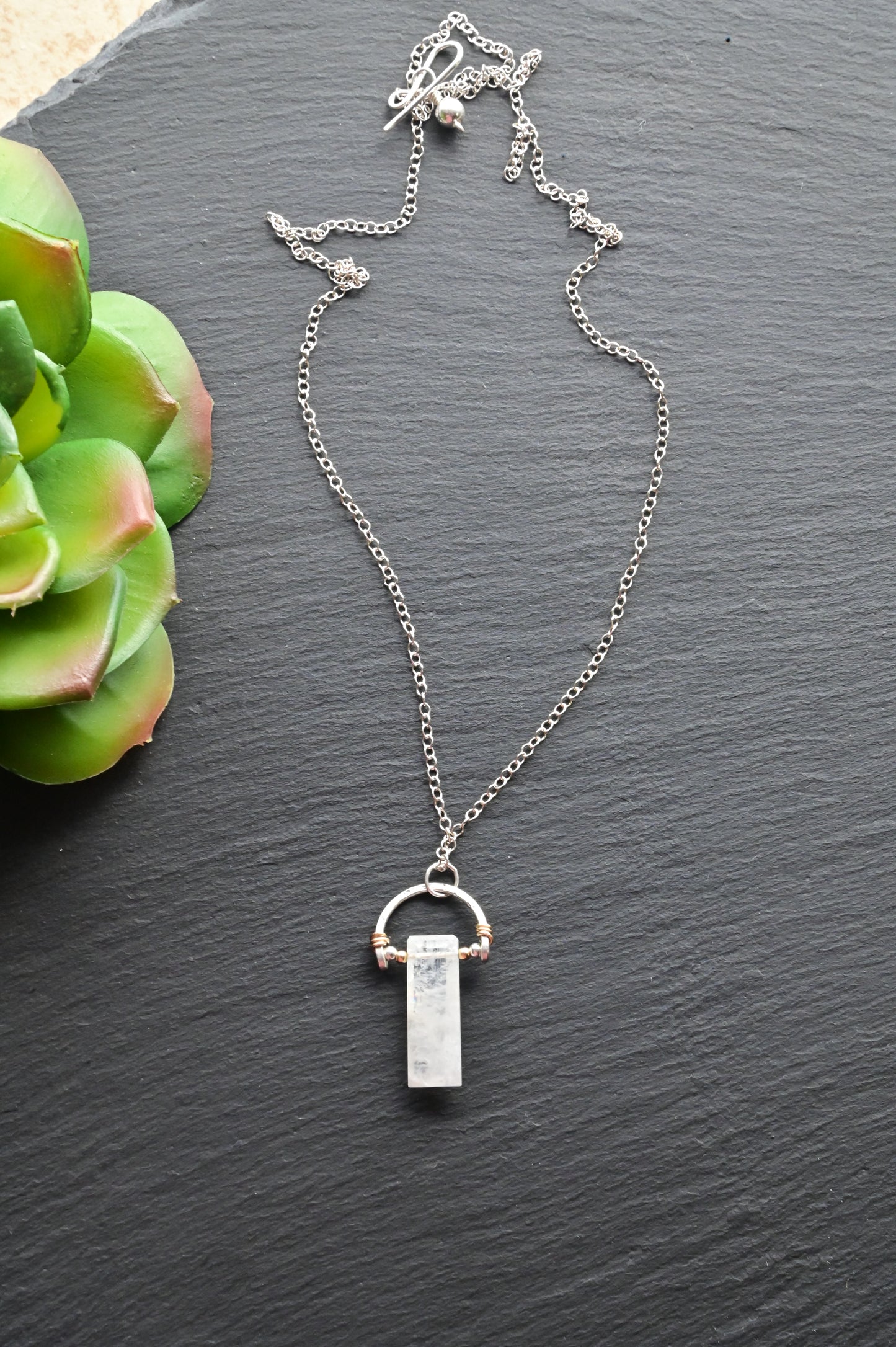 Hammered Hoops: Moonstone + Mixed Metals Pendant and Earrings