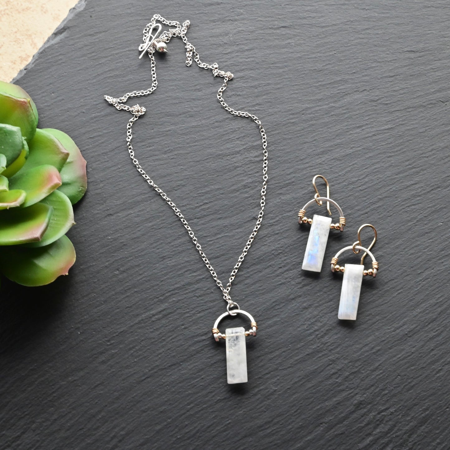 Hammered Hoops: Moonstone + Mixed Metals Pendant and Earrings