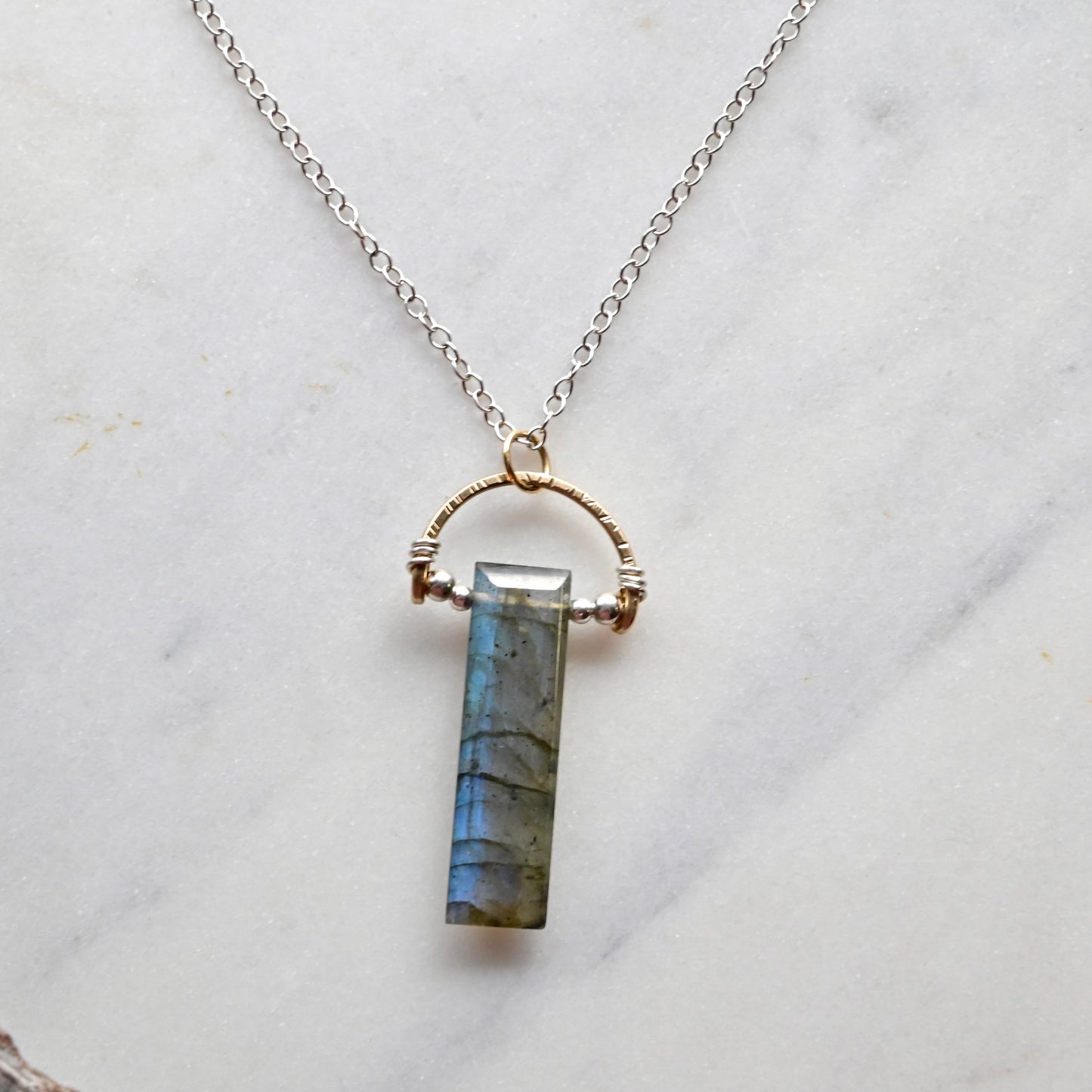 Hammered Hoops: Labradorite + Mixed Metals Pendant and Earrings