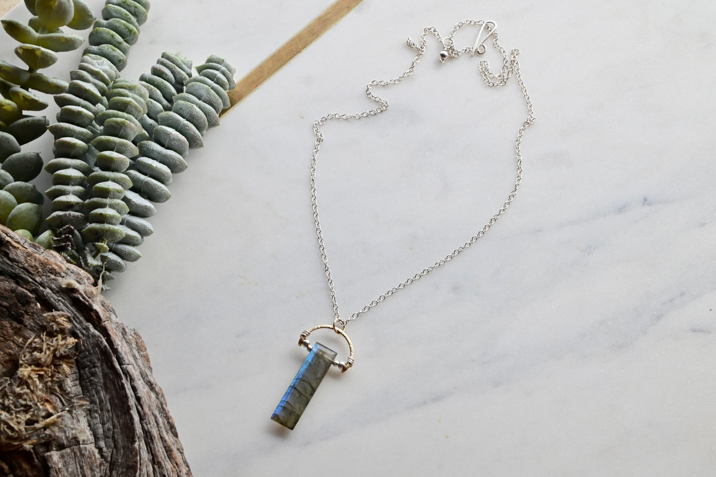Hammered Hoops: Labradorite + Mixed Metals Pendant and Earrings