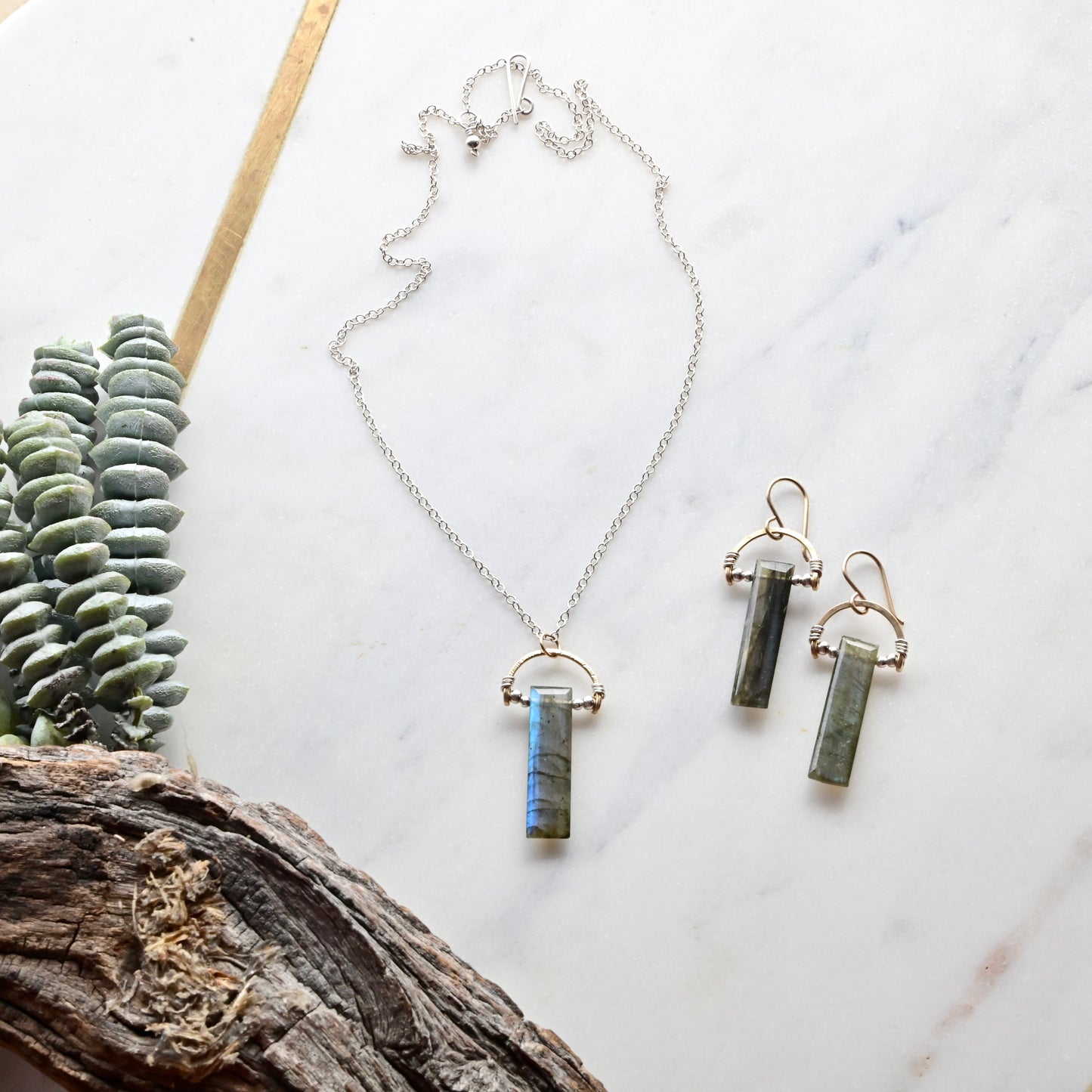 Hammered Hoops: Labradorite + Mixed Metals Pendant and Earrings