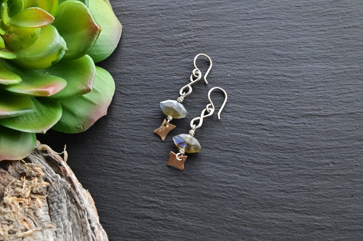 Silver Elements: Labradorite + Mixed Metals Earrings