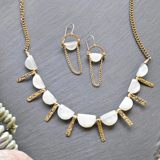 Moonstone + Brass Necklace and Earrings