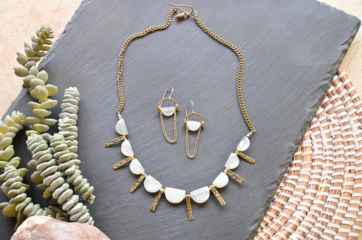 Moonstone + Brass Necklace and Earrings