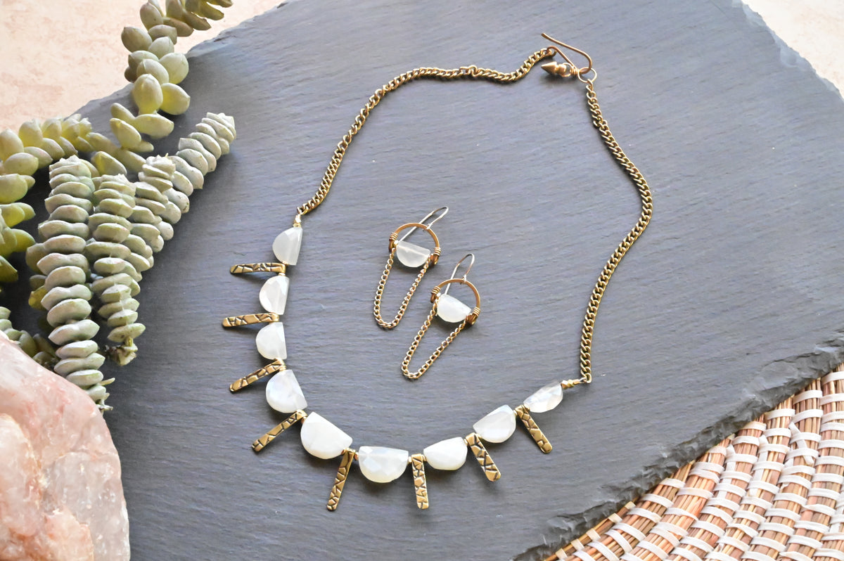 Moonstone + Brass Necklace and Earrings