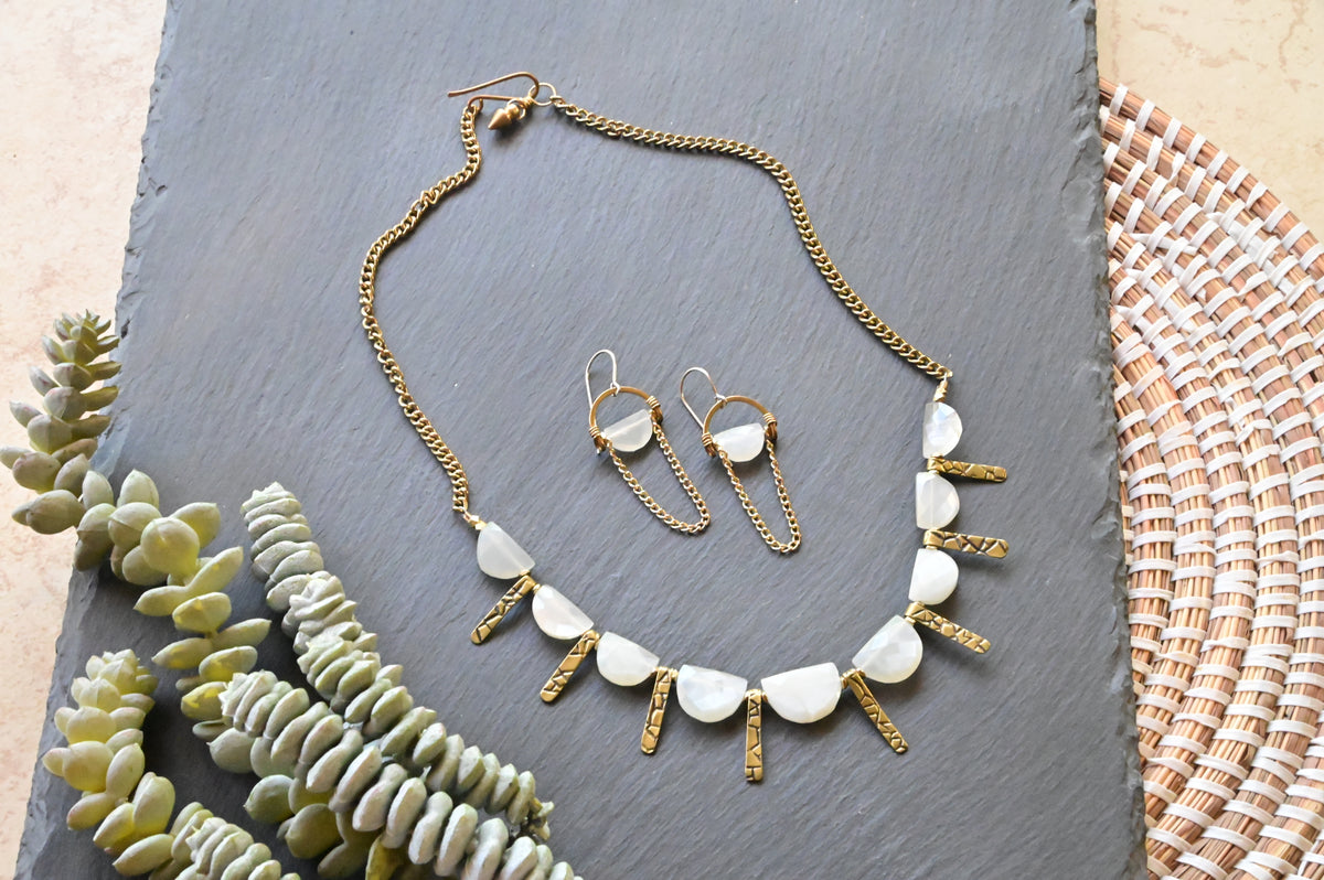 Moonstone + Brass Necklace and Earrings