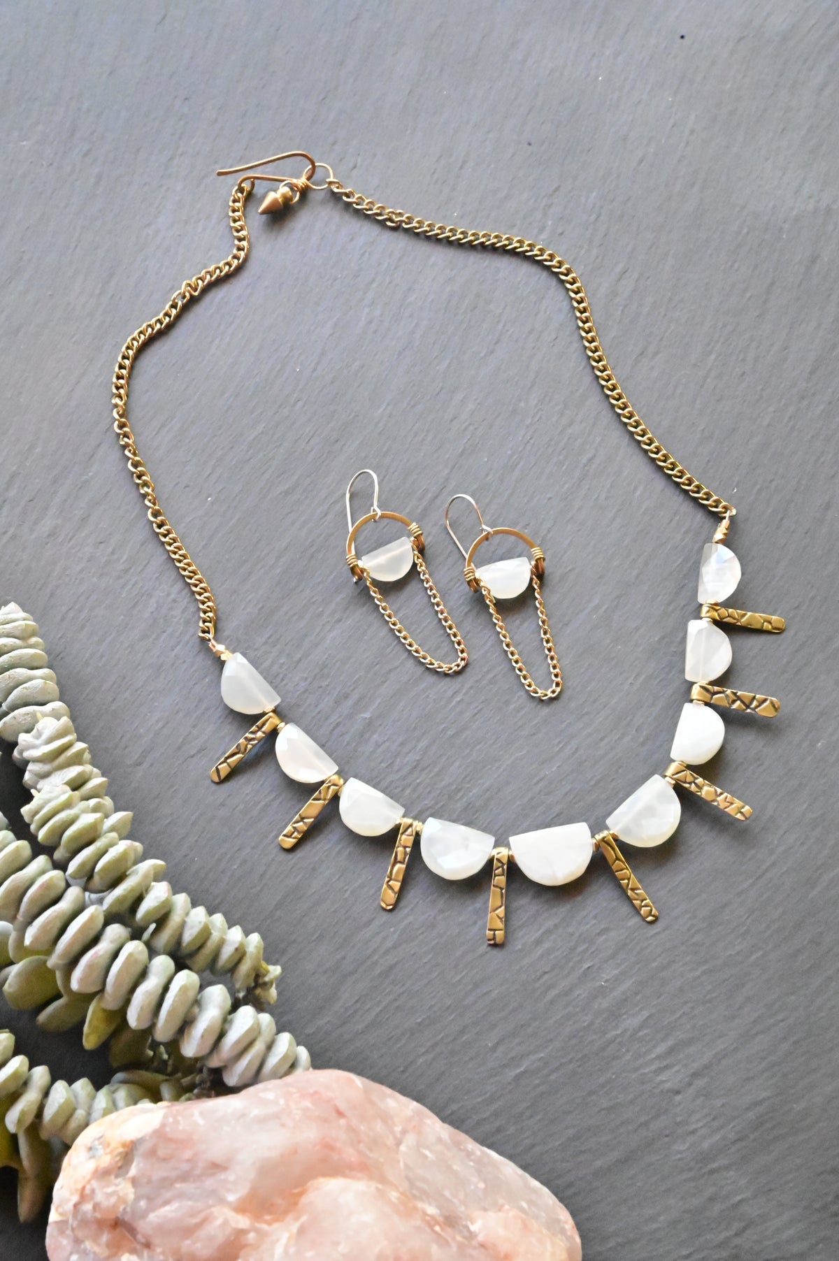 Moonstone + Brass Necklace and Earrings