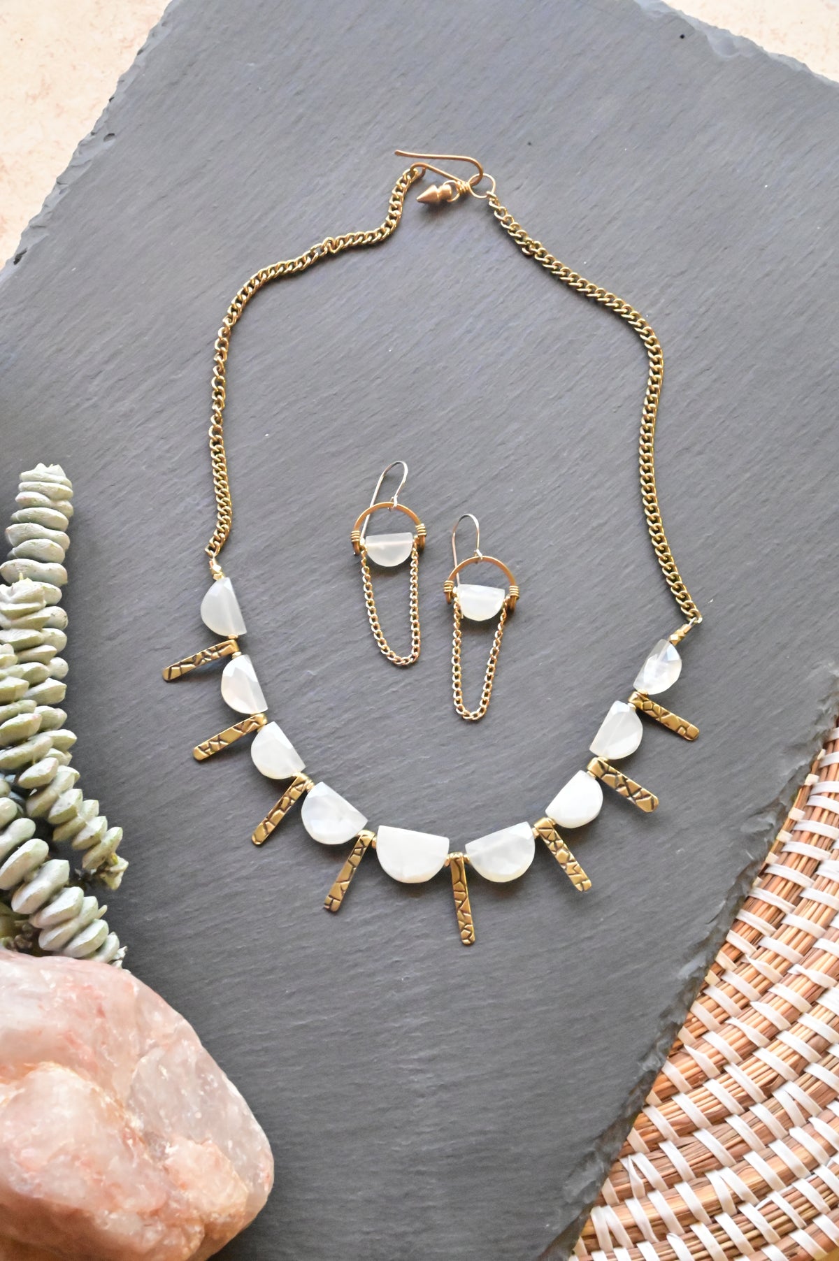 Moonstone + Brass Necklace and Earrings